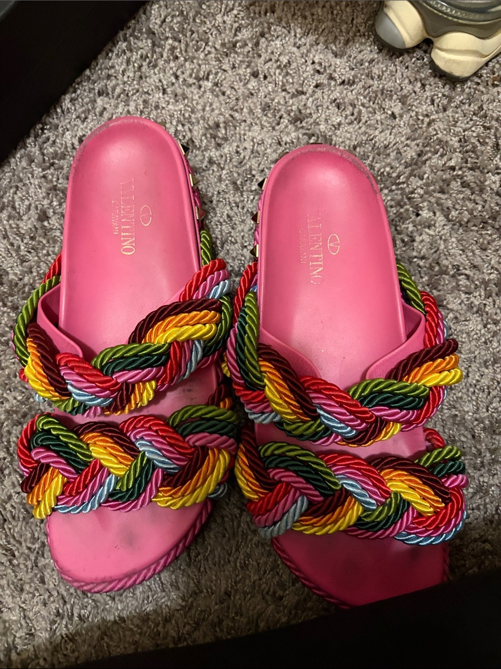 Valentino Pink Multicolor Braided Rope Slide Mules